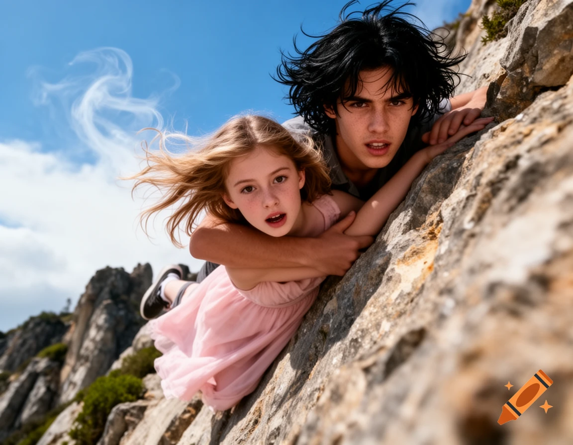 A long-haired teenage boy, with a startled expression, holds onto a young girl in a pink dress, preventing her from falling off a rocky cliff, against a blue sky.