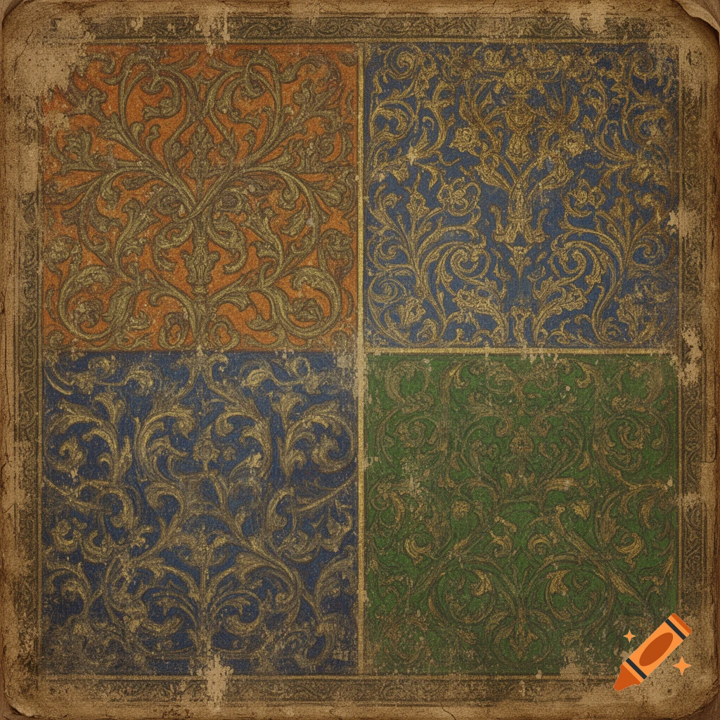 Distressed medieval texture with gold ornate patterns on orange, blue, and green quadrants.