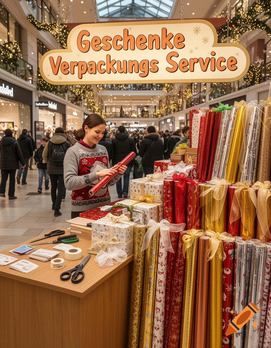 A woman in a festive sweater wraps gifts at a 'Geschenke Verpackungs Service' stand in a decorated shopping mall.