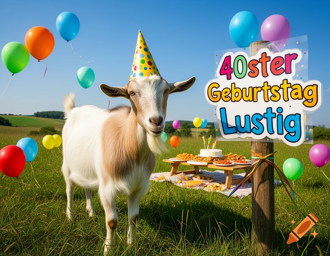 A goat wearing a party hat stands in a field with balloons and a sign that reads '40ster Geburtstag Lustig' next to a picnic table with cake.