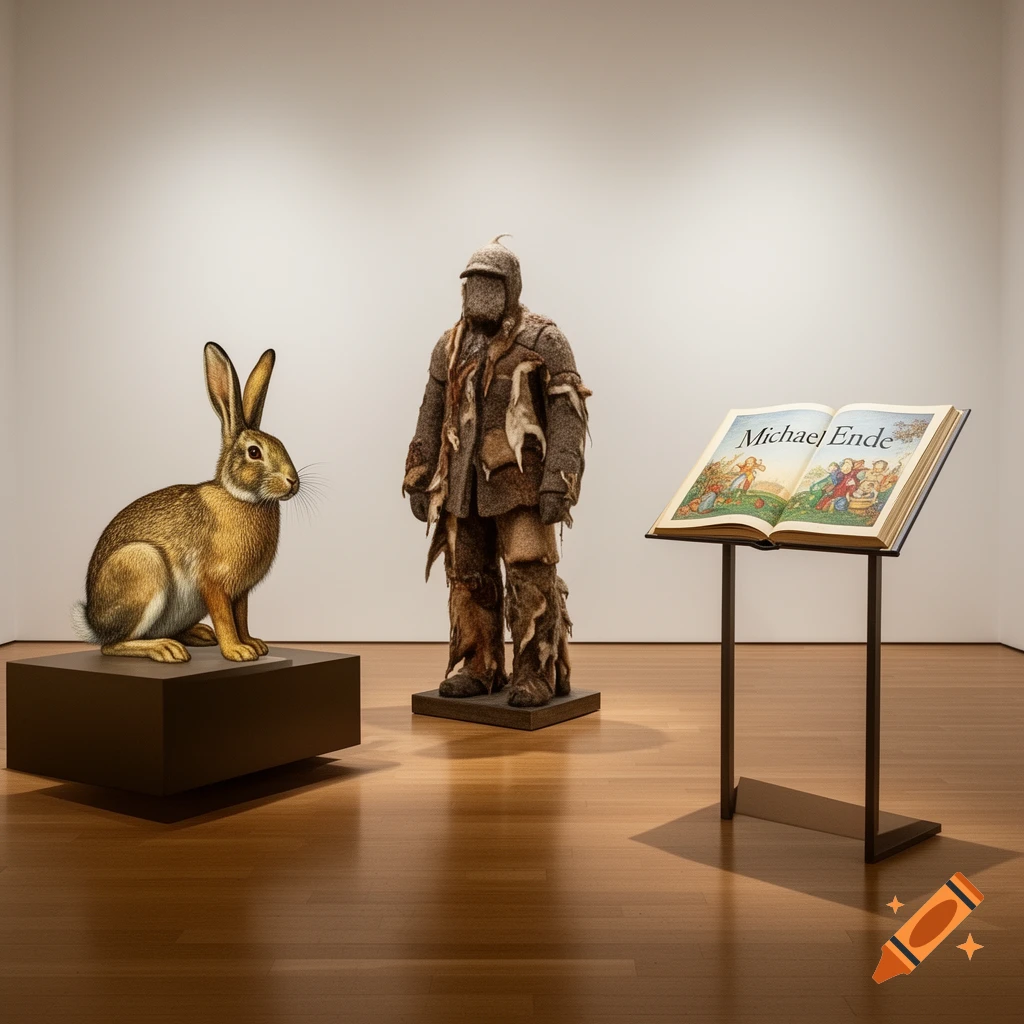 A realistic hare sculpture, a person-shaped sculpture in a fur suit, and an open book titled 'Michael Ende' in a minimalist art gallery.