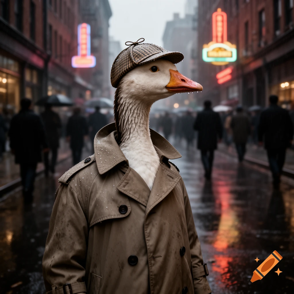 A photorealistic goose in a trench coat and plaid hat stands in a rainy city street with blurred people and neon lights.