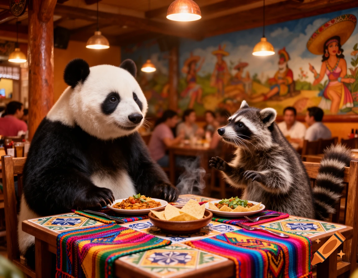A photorealistic panda and a raccoon sit at a colorful table, enjoying a meal in a Mexican restaurant with a mural.