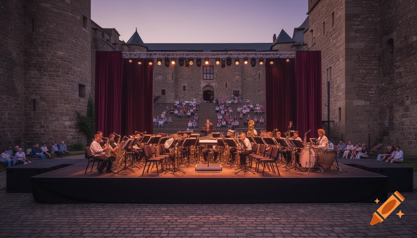 A big band performs on an outdoor stage in the courtyard of a historic stone castle at dusk, with an audience seated on stone steps.