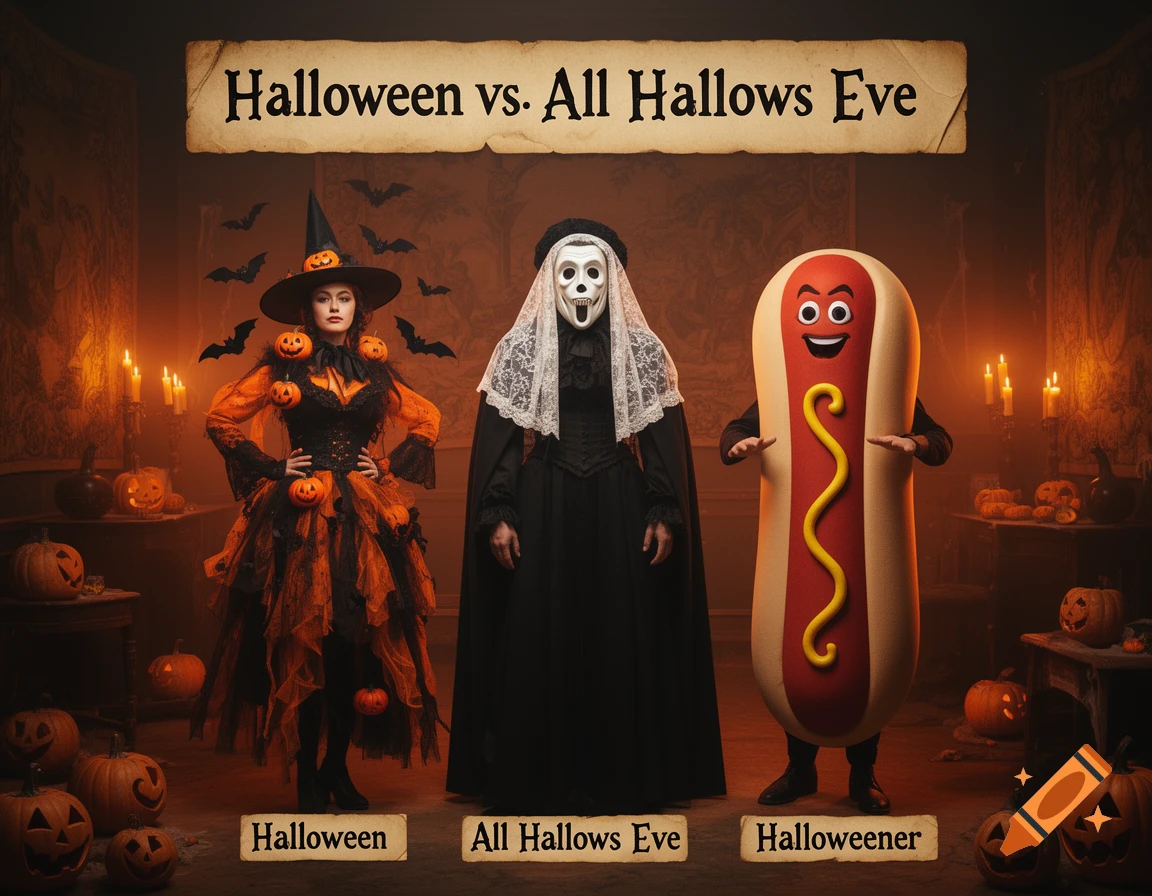 Three figures in Halloween costumes: a witch, a figure in a white mask and black dress, and a person in a hot dog suit, in a dimly lit, pumpkin-decorated room. Text reads "Halloween vs. All Hallows Eve".