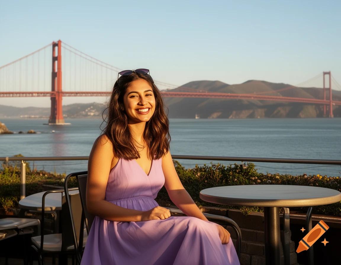 A smiling woman in a lavender sundress sitting at a table outdoors, overlooking the photorealistic Golden Gate Bridge.