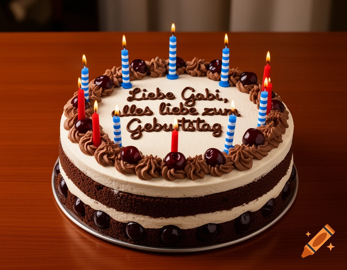 Photorealistic chocolate and cream birthday cake with lit red and striped blue-white candles and German text on top.