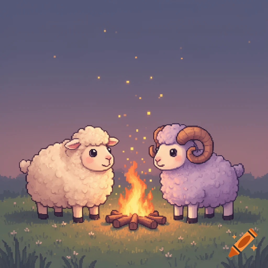 A pixel art image shows a white sheep and a purple ram sitting in a grassy field around a campfire at dusk, with embers floating up.
