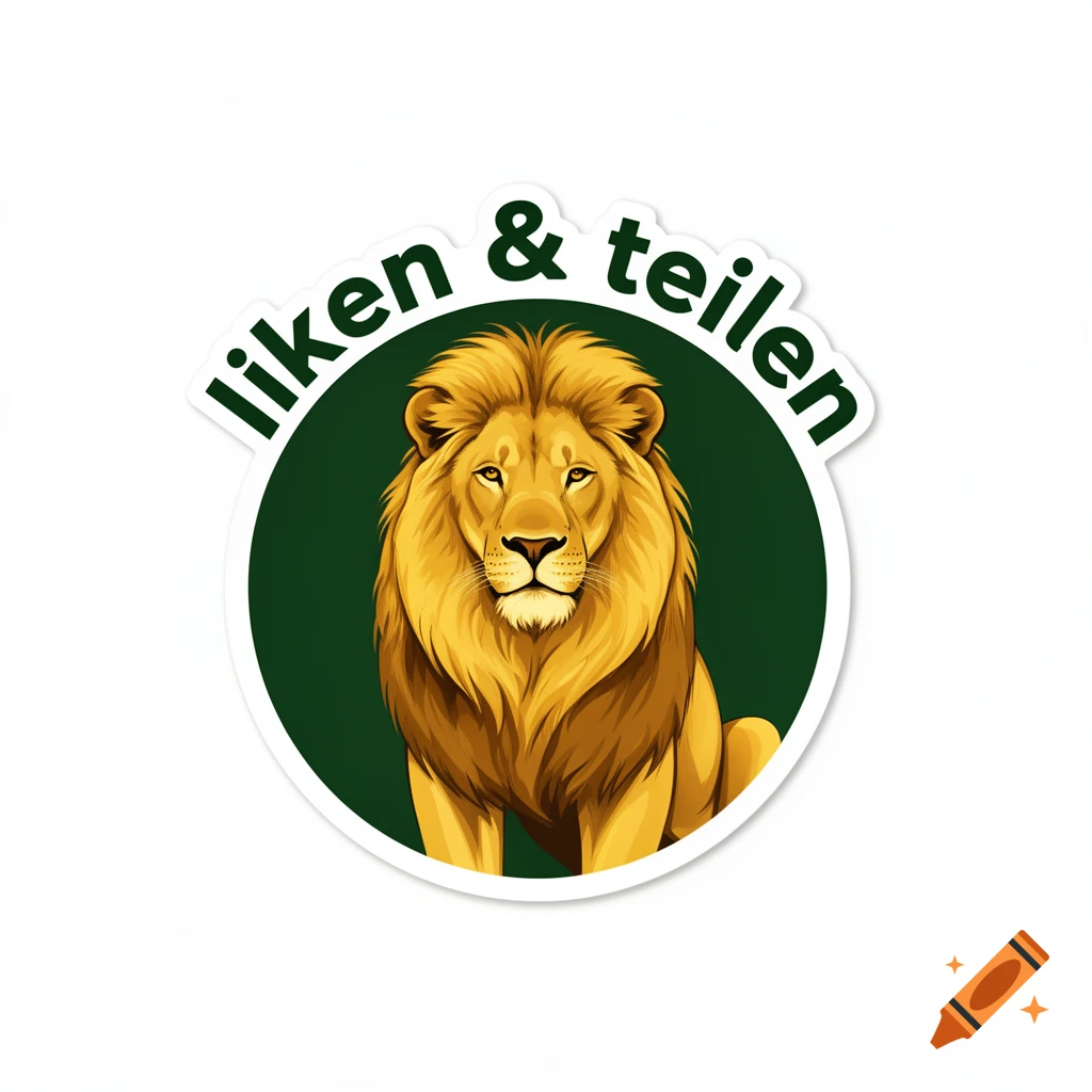 A white-bordered sticker with a golden lion in a green circle, text 'liken & teilen' above.