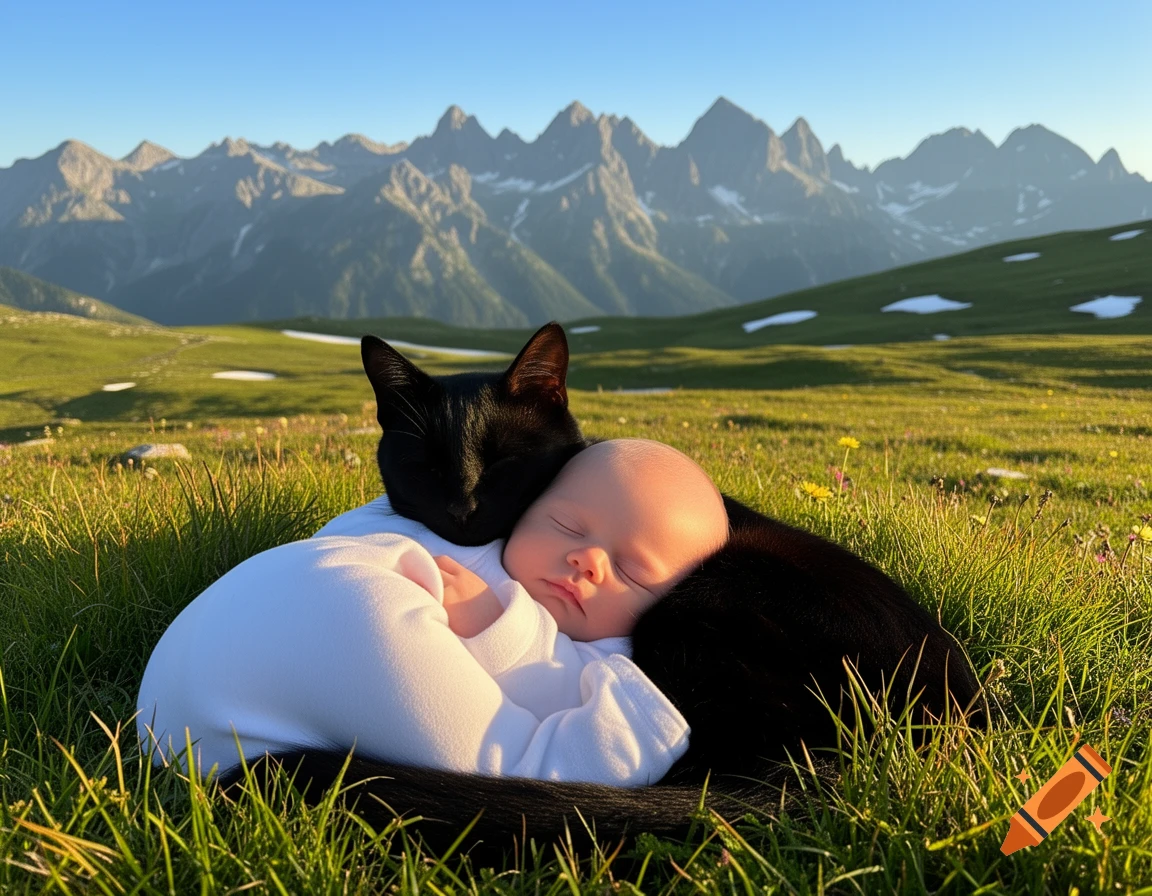 A black cat gently cuddles a sleeping baby in a sunlit, grassy mountain field.