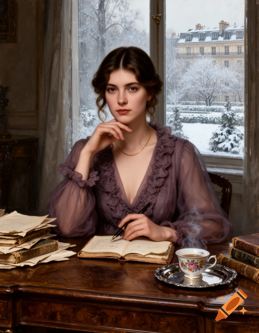 An oil painting of a young woman with dark hair in a sheer lilac dress, writing at a wooden desk with a teacup, looking at the viewer. A snowy Parisian scene is visible through the window.