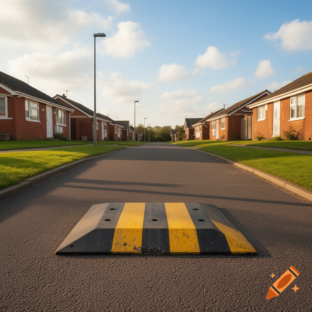 A black and yellow speed bump on an asphalt road in a residential neighborhood, with brick houses and green lawns under a blue sky.
