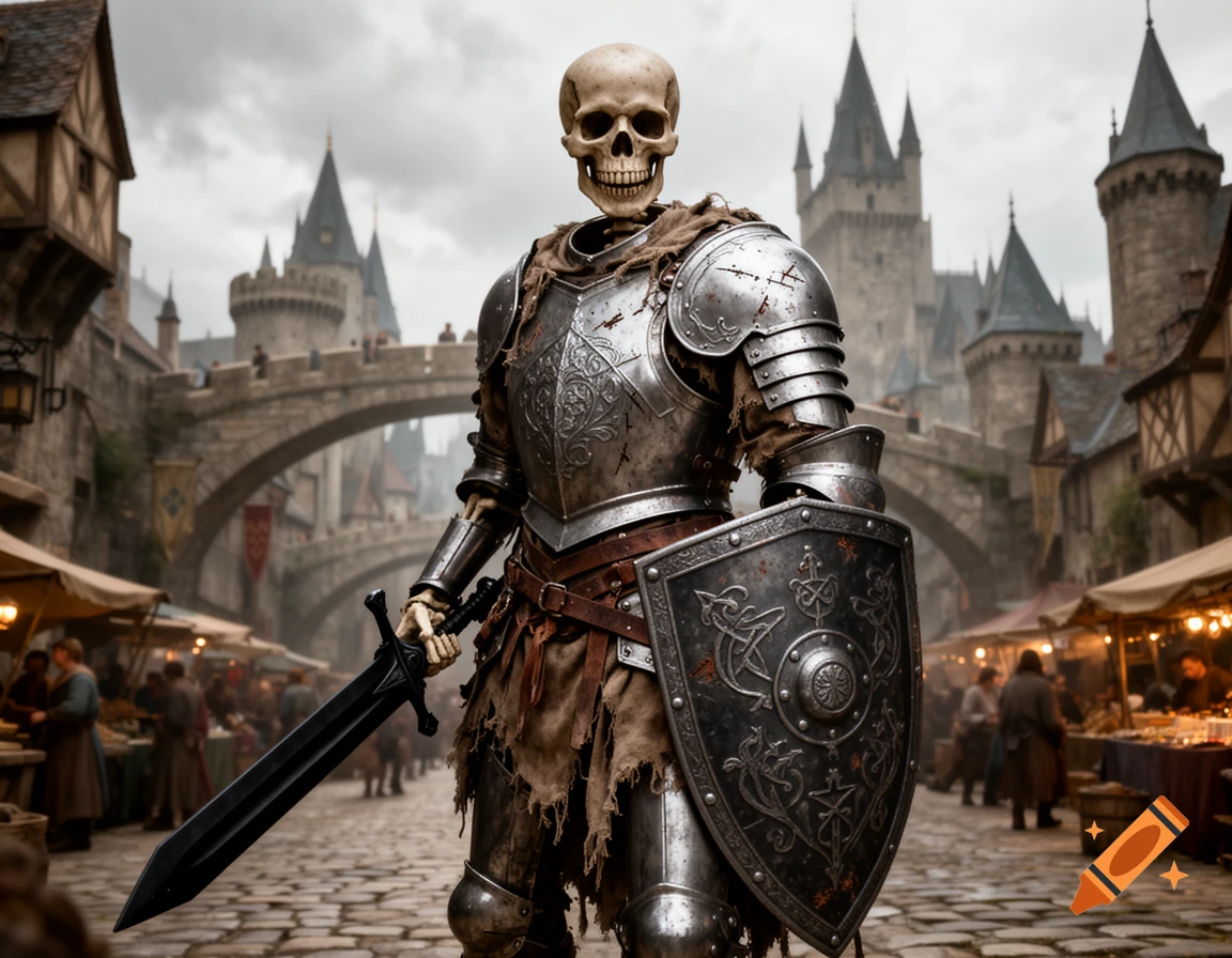 A skeleton warrior in full plate armor holds a black sword and shield, standing in a medieval fantasy city with a castle.