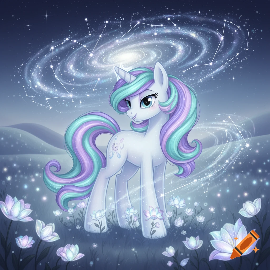 A light blue unicorn with pastel teal and purple mane and tail stands in a field of glowing flowers under a starry galaxy sky.