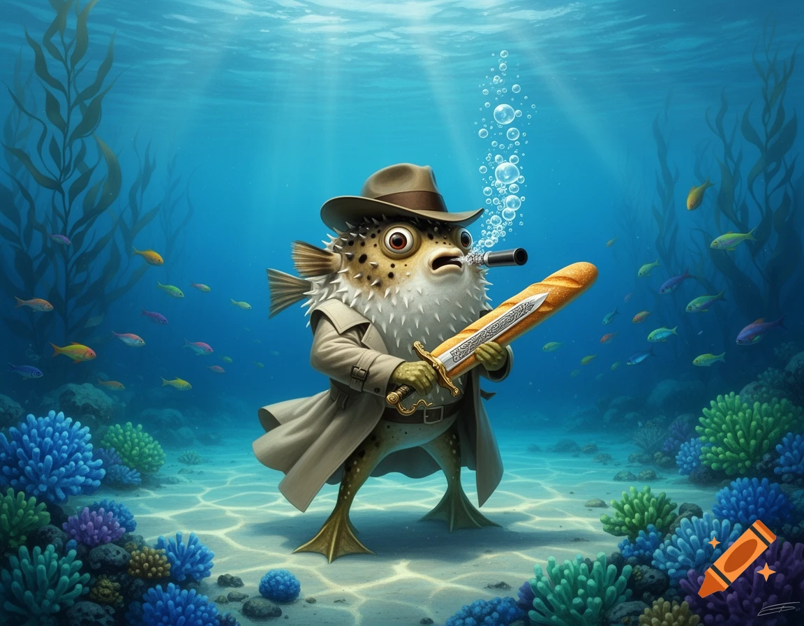A cartoon humanoid pufferfish in a trench coat and fedora, smoking a pipe and wielding a baguette sword underwater amidst coral.