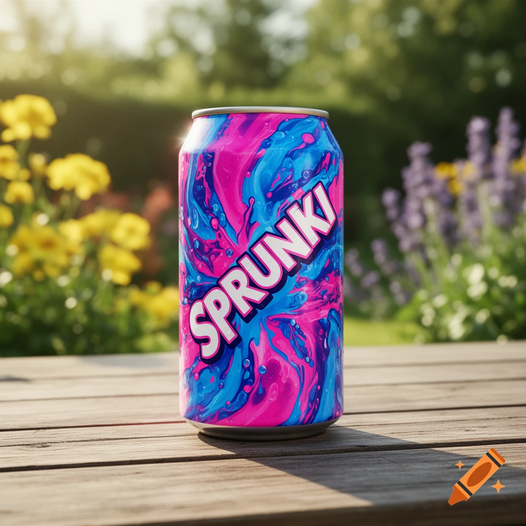 A vibrant pink and blue "SPRUNKI" soda can on a wooden table in a sunny garden with yellow and purple flowers.
