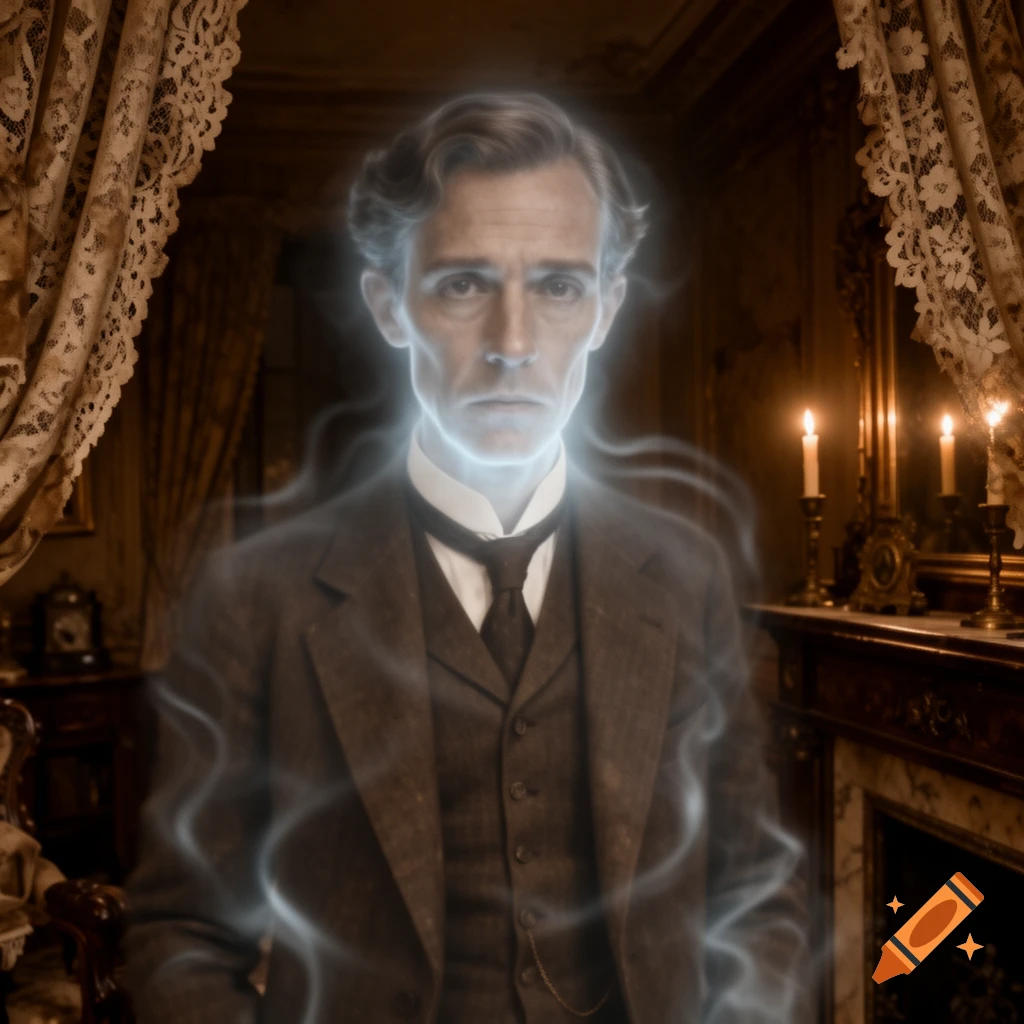 A ghostly man with a pale, serious face and a blue aura, wearing a dark suit and tie, stands in a dimly lit, ornate Victorian room.