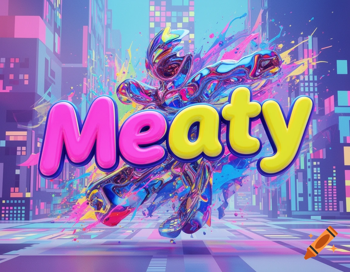 Bright hyperpop art features the word 'Meaty' in pink and yellow bubble letters, with an abstract figure against a pixelated city.