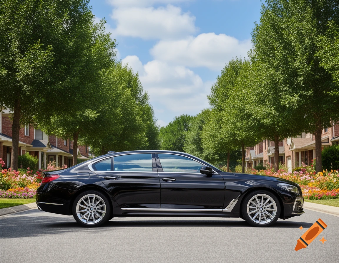 A black luxury sedan parked on a residential street with green trees and colorful flowers under a bright blue sky, viewed from the side.