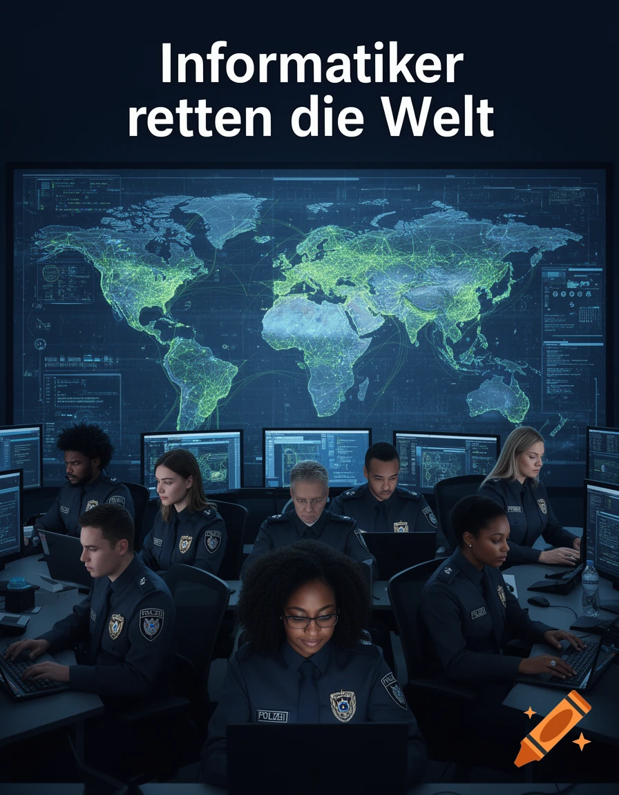 People in police uniforms work in a dark control room with a large world map display, text reads 'Informatiker retten die Welt'.