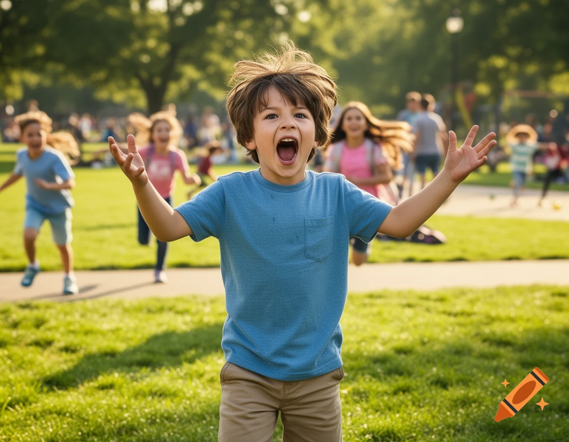 A young boy yells loudly with arms raised in a sunny park, with other children running in the background.