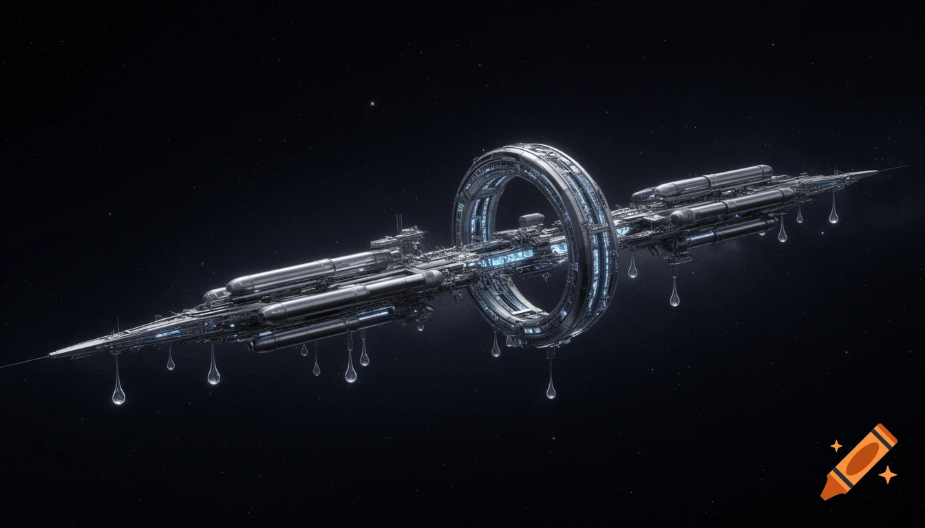 A detailed, realistic, long futuristic spacecraft with a torus-shaped crew module and droplet radiators, set against a star-filled dark space.