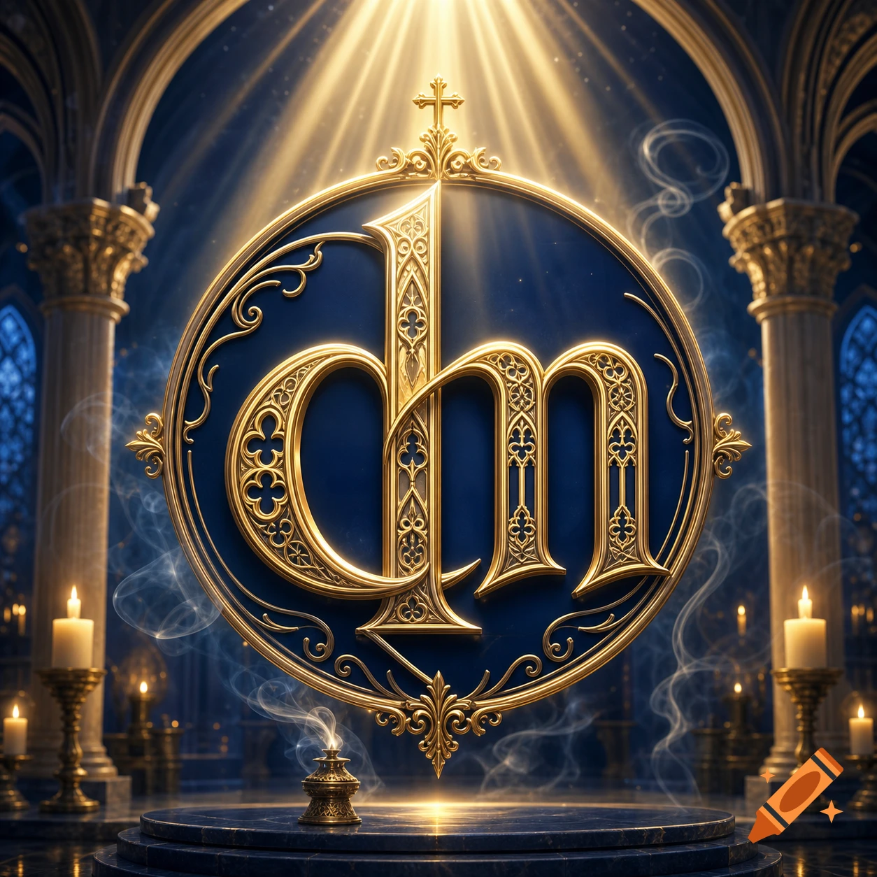 A majestic golden 'dm' logo with a cross in a dark, ornate church interior, illuminated by divine light, surrounded by candles.