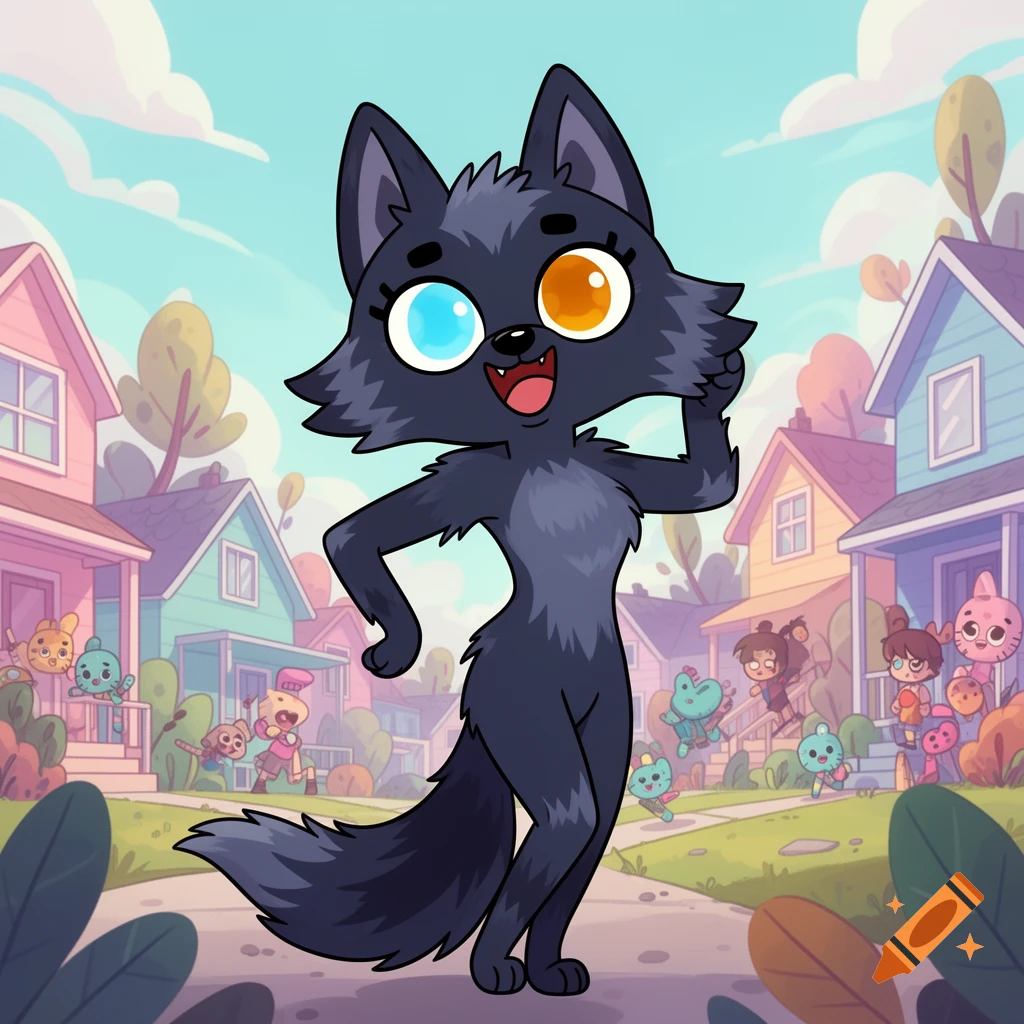 A cartoon dark grey wolf with mismatched eyes smiles in a colorful suburban neighborhood, in The Amazing World of Gumball style.