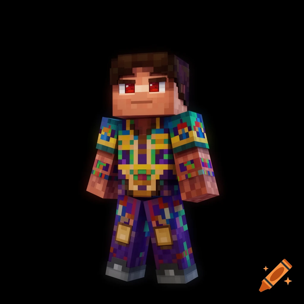 A pixelated Minecraft character, Wifies, in a colorful geometric pattern outfit with red eyes, against a black background.
