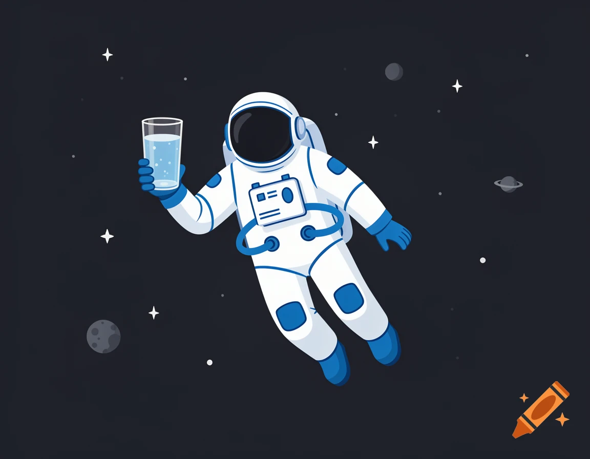 A cartoon astronaut in a white suit floats in dark space, holding a clear glass of water.