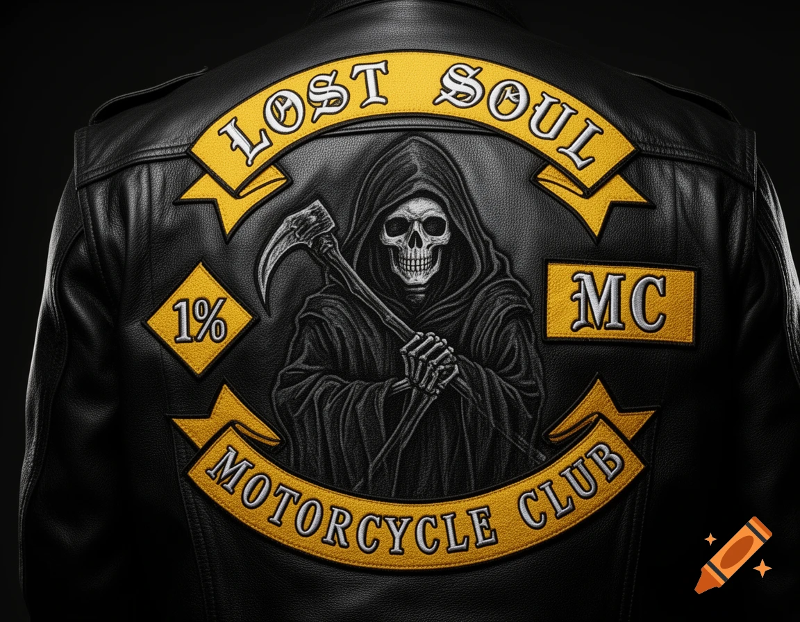 Close-up of the back of a black leather motorcycle club jacket with yellow and white embroidered patches. A large central patch features a grim reaper holding a scythe, flanked by "1%" and "MC" patches. A top rocker patch reads "LOST SOUL" and a bottom rocker patch reads "MOTORCYCLE CLUB".