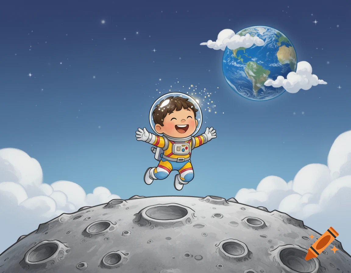 A happy cartoon child astronaut jumps on a cratered moon surface under a starry sky, with Earth and clouds in the background.