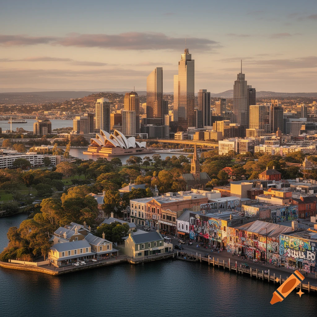 An aerial view of a composite Australian city at sunset, featuring the Sydney Opera House, modern skyscrapers, and historic waterfront buildings with graffiti.
