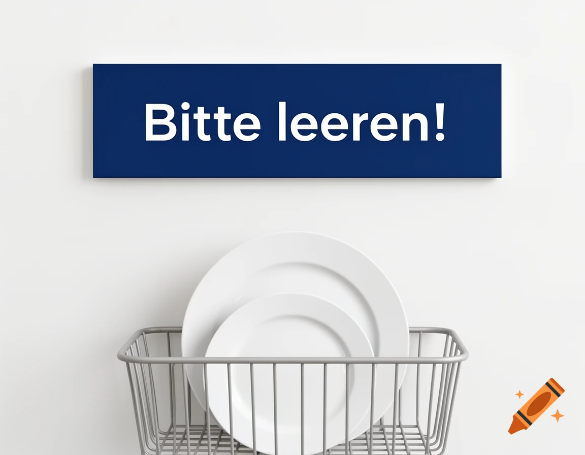 A blue sign reading "Bitte leeren!" above a metal dish rack with white plates against a white wall.