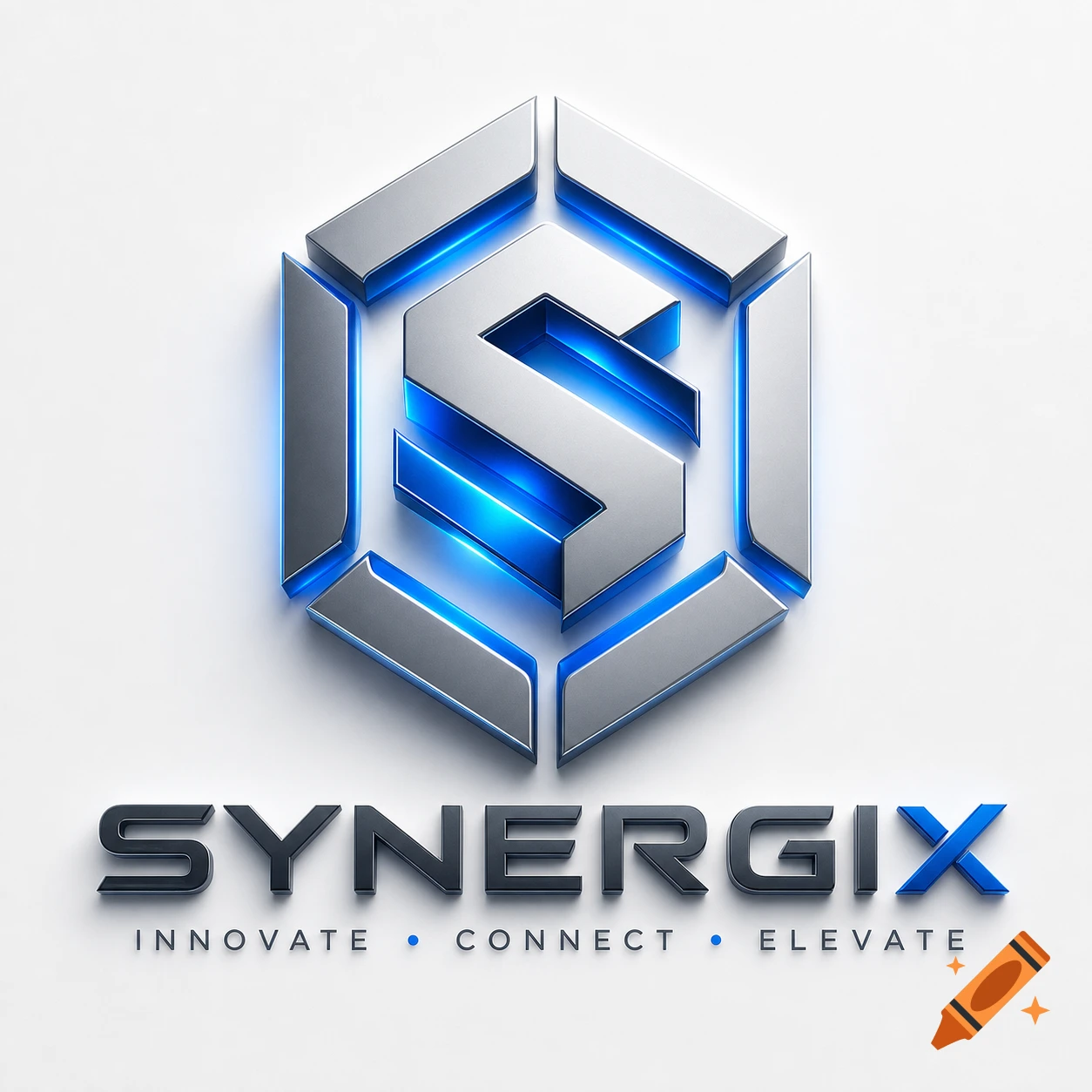 A 3D metallic logo featuring a stylized 'S' within a hexagon, glowing blue, with the text SYNERGIX, INNOVATE, CONNECT, ELEVATE.