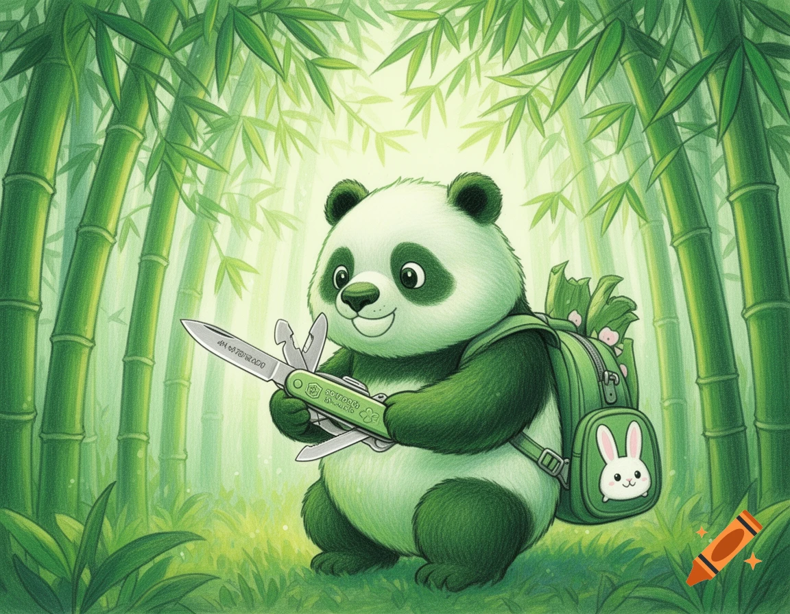 A cute green panda with a backpack holds a multi-tool in a lush bamboo forest, cartoon style.