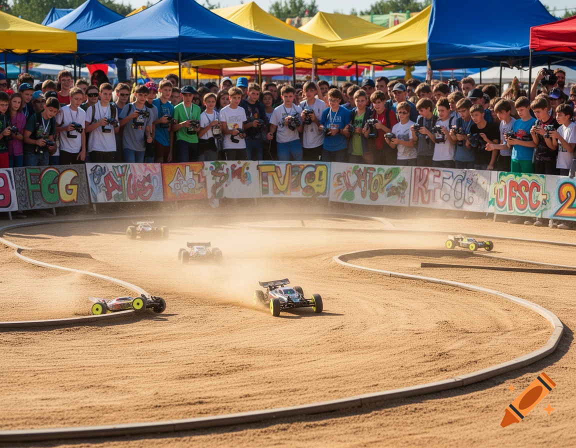 A bustling RC car race on a dirt track with multiple cars kicking up dust, watched by a crowd under colorful tents.