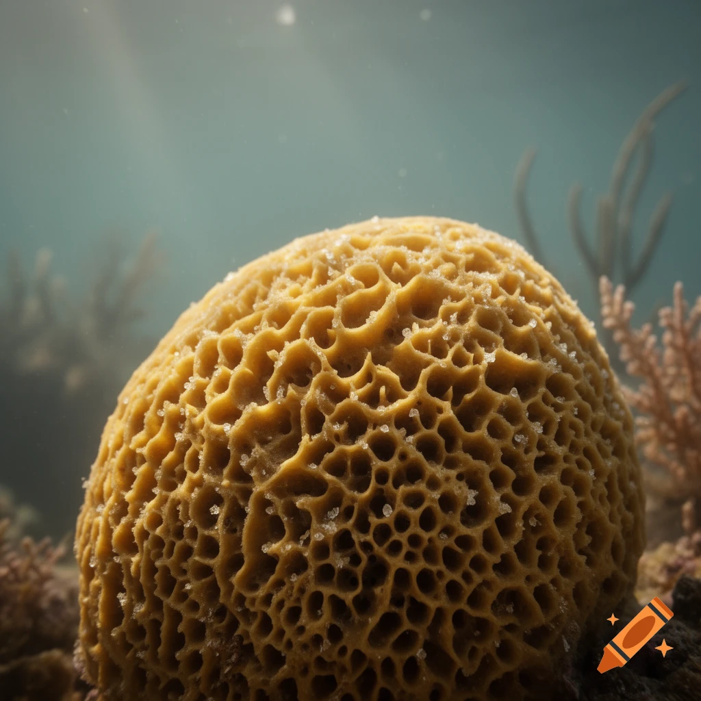 Close-up of a vibrant yellow marine sponge underwater, with sunlight rays filtering from above. Photorealistic.