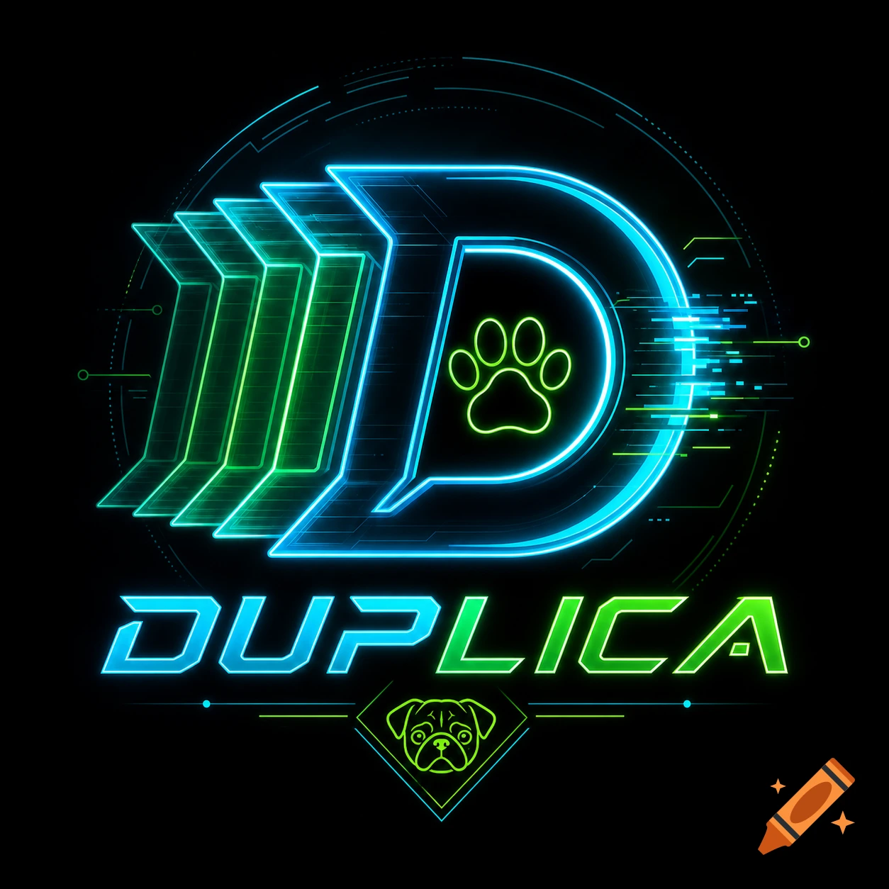 High-tech neon logo for 'Duplica' featuring a stylized D with duplicating layers, a paw print, and a pug head in cyan and green.
