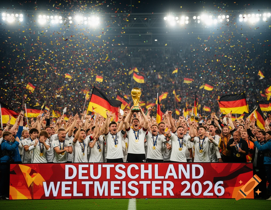 Photorealistic image of the German soccer team celebrating the 2026 World Cup victory, lifting the trophy in a confetti-filled stadium with cheering fans and a 'Deutschland Weltmeister 2026' banner.