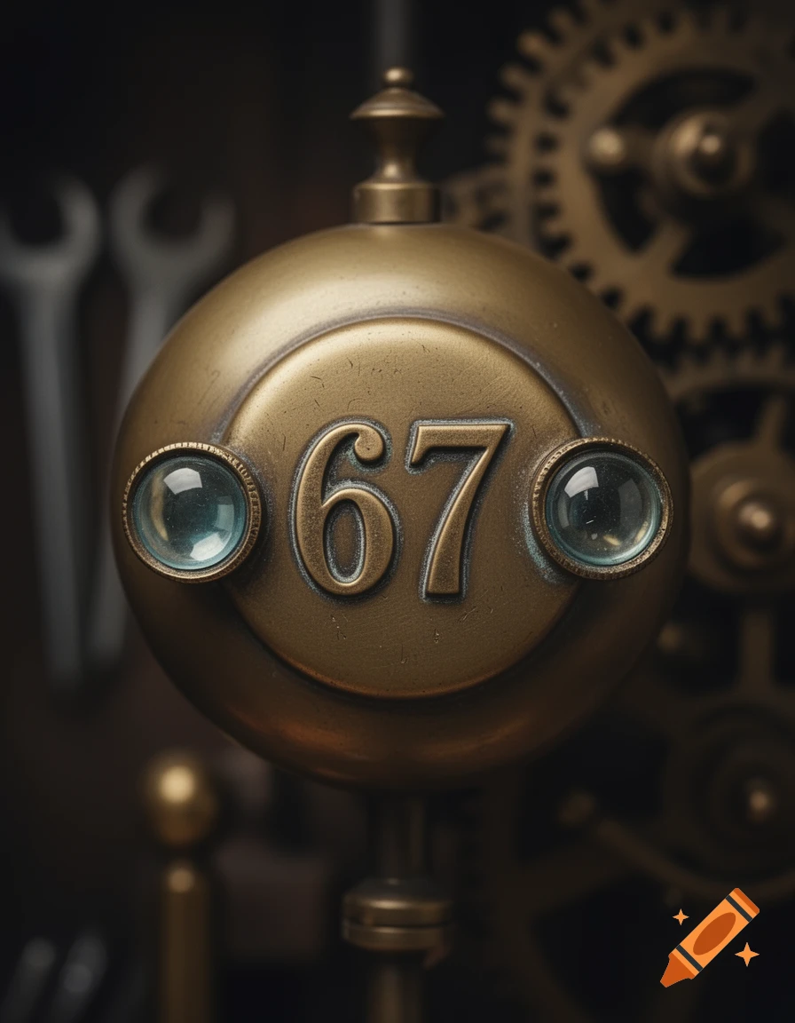 Bronze steampunk mechanism with embossed numbers 67, two glass lenses, and blurred gears in the background.