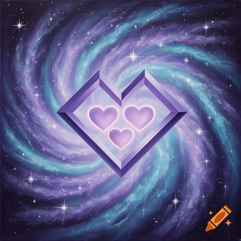 A purple angular heart contains three glowing smaller hearts, set against a swirling blue and purple galaxy background with stars.