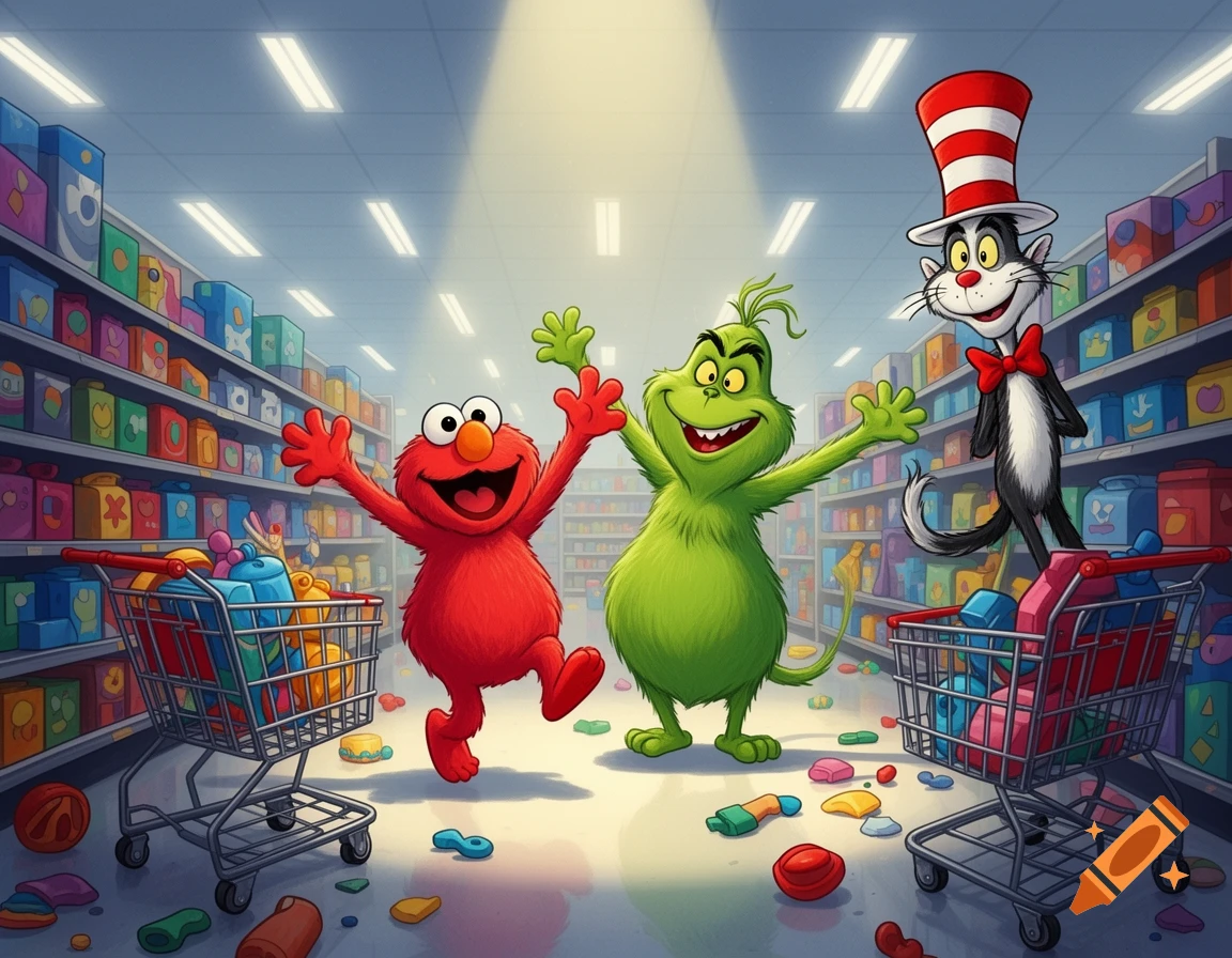 Elmo, the Grinch, and the Cat in the Hat happily celebrating in a colorful supermarket aisle with shopping carts and toys.
