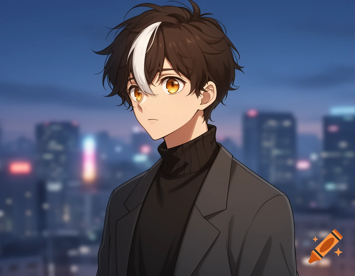 An anime boy with dark brown hair, a white streak in his bangs, and amber eyes, wearing a black turtleneck and grey jacket against a blurred night city background.