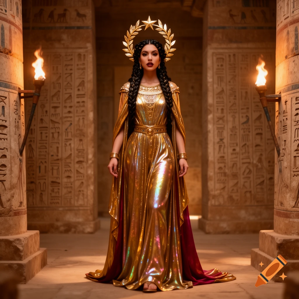 A woman in a shimmering gold dress and a star-crowned laurel wreath stands in an ancient temple with hieroglyph-carved pillars and flaming torches.