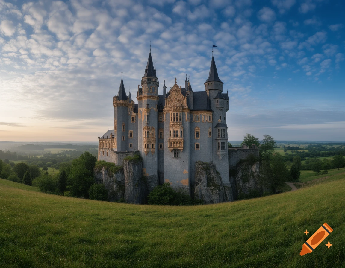 Photorealistic image of a grand gray castle with tan highlights on a rocky hill amidst green fields under a partly cloudy sky.