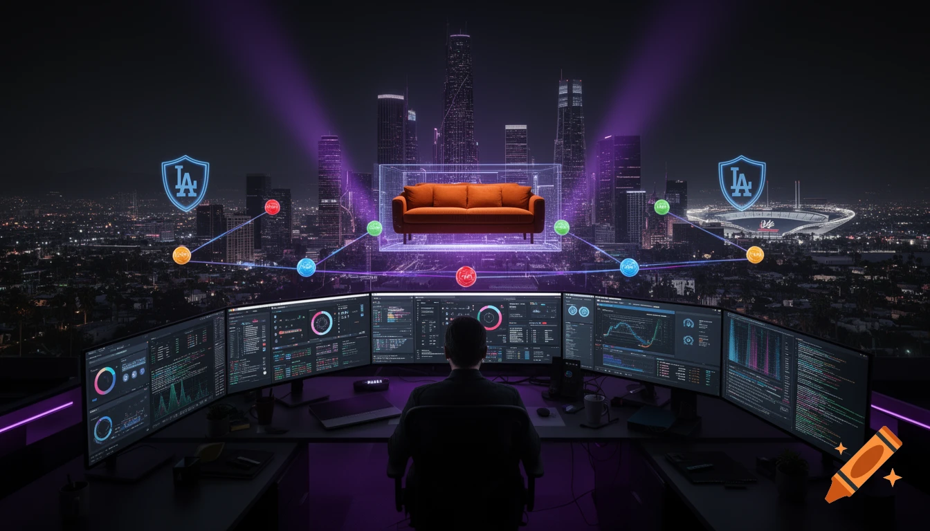 Back of a person monitoring six computer screens filled with data and code, overlooking a cyberpunk Los Angeles skyline with a holographic orange couch floating above skyscrapers and glowing network nodes.