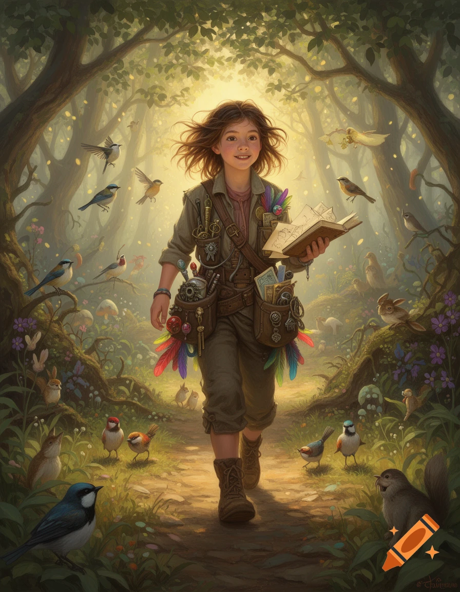 A young fantasy explorer walks on a sunlit forest path, holding a book, surrounded by birds and animals.