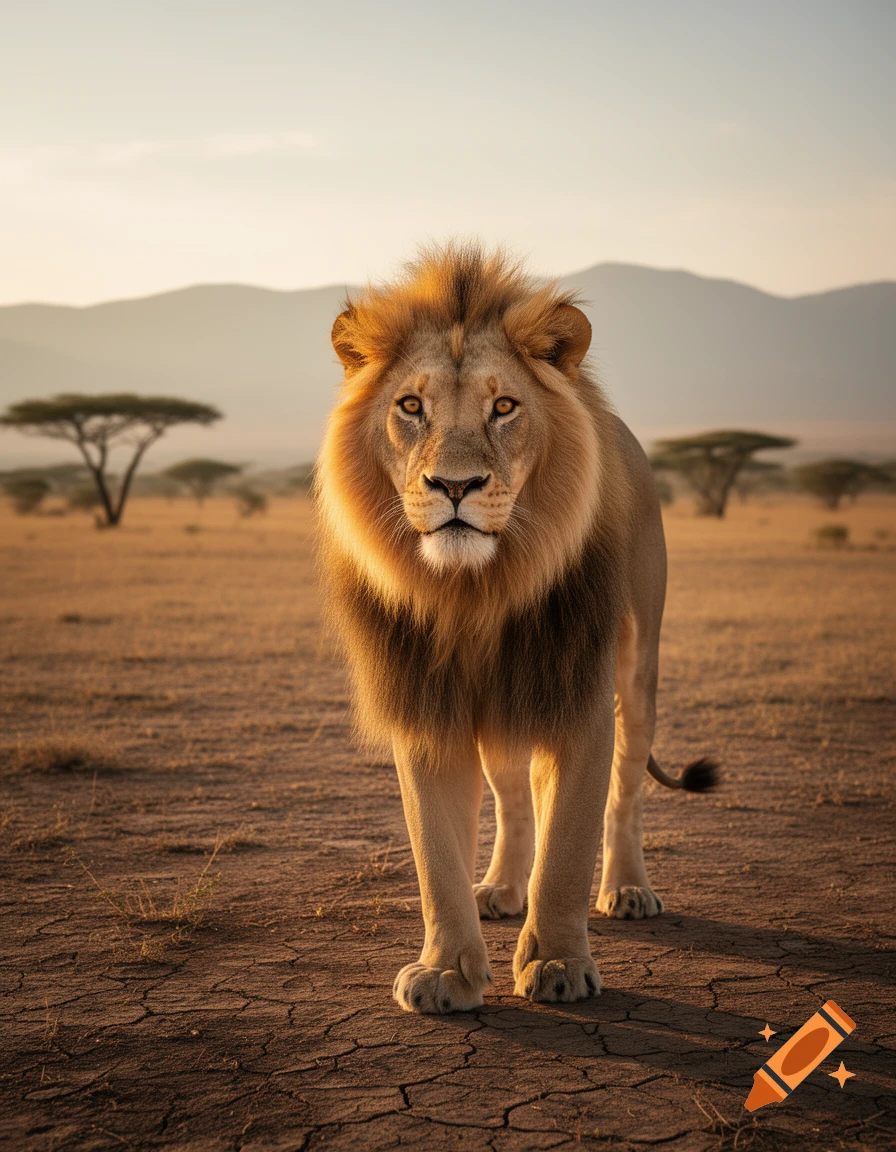 A photorealistic lion stands confidently on cracked earth in a savanna at sunset, with acacia trees and distant mountains.