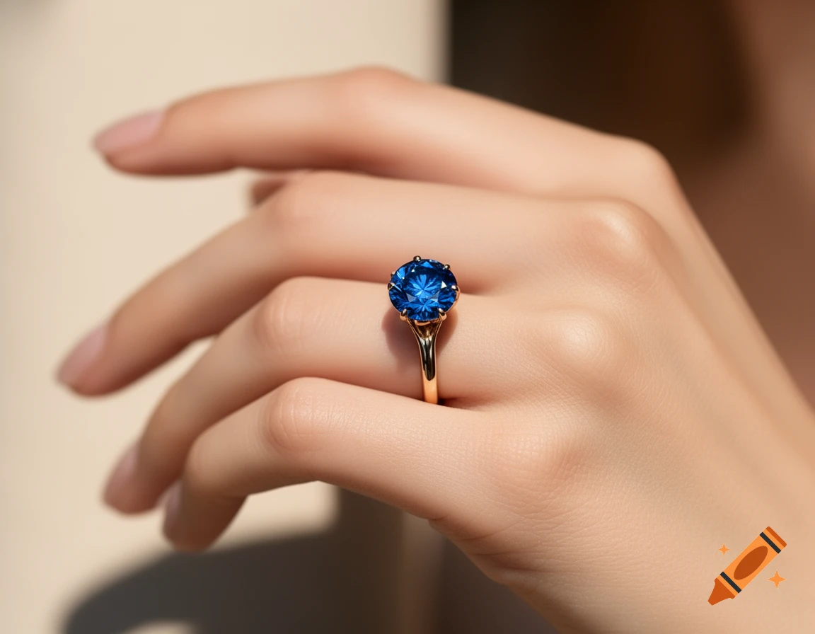 A woman's hand wearing a gold solitaire engagement ring with a large blue gemstone, under soft natural lighting.